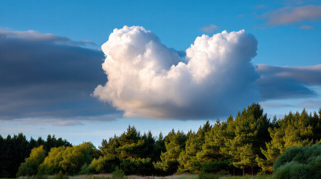 Clouds in motion form heart shape above green forest for environmental campaigns promoting nature and love for earth