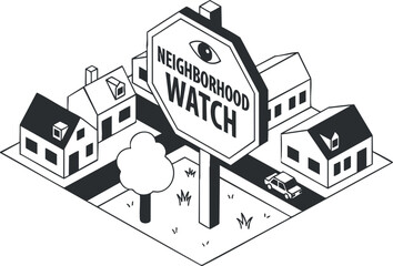 Naklejka premium A neighborhood watch sign with houses and a car in clean black and white vector style, ideal for community safety initiatives