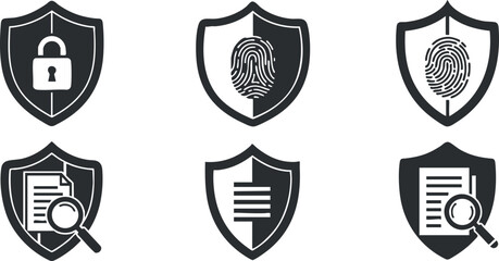 A collection of security shield icons featuring a lock, fingerprints, and documents in minimalist vector style, ideal for cybersecurity and privacy themes