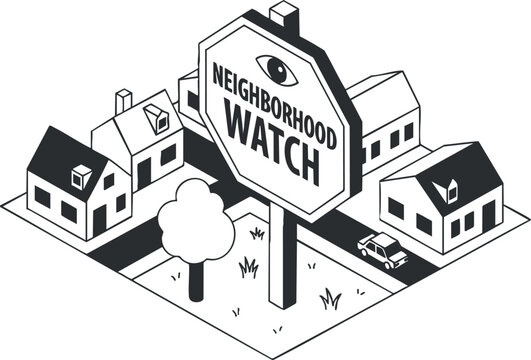 A neighborhood watch sign with houses and a car in clean black and white vector style, ideal for community safety initiatives