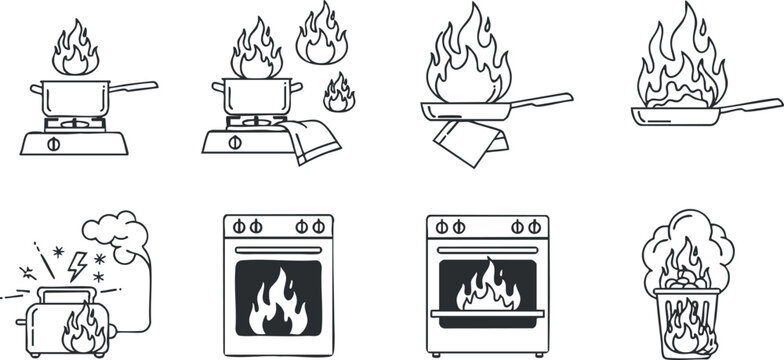 A collection of cooking-related fire icons in black and white minimalist vector style, suitable for kitchen safety and cooking guides
