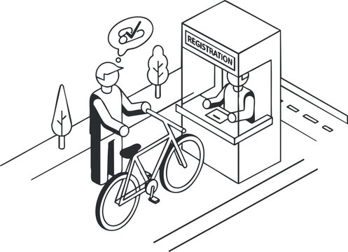 A person registering a bicycle at a service station in minimalist black and white outline vector style, suitable for urban transport illustrations