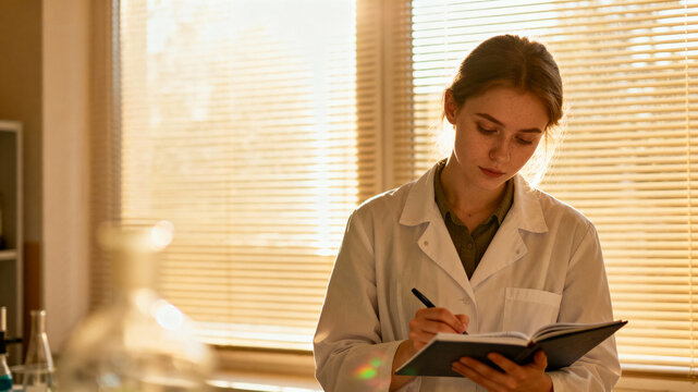 Woman in lab coat writes notes during a science experiment at a bright laboratory