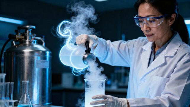 Woman conducting a scientific experiment with liquid nitrogen in a laboratory setting