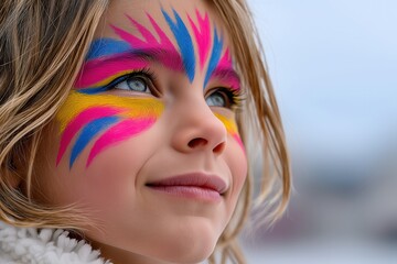 Naklejka premium A young girl with vibrant face paint in pink, blue, and yellow smiles joyfully outdoors. Bright colors and cheerful expression.