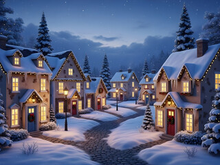 Cozy snow covered village at dusk with warmly lit houses