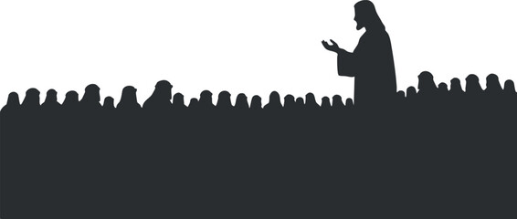 A silhouette of a speaker addressing an audience in black and white minimalist vector style, ideal for presentations and public speaking themes