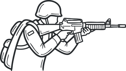 Obraz premium A soldier aiming a rifle in a black and white outline vector style, suitable for military or defense illustrations