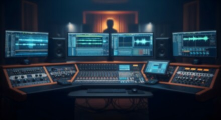 Fototapeta premium Completely Blurred and Abstracted View of a Professional Audio Mixing and Recording Studio Control Room with Multiple Monitors
