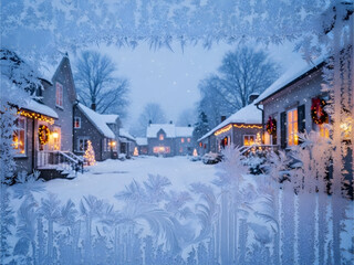 Naklejka premium Cozy winter village scene with snow and warm lights