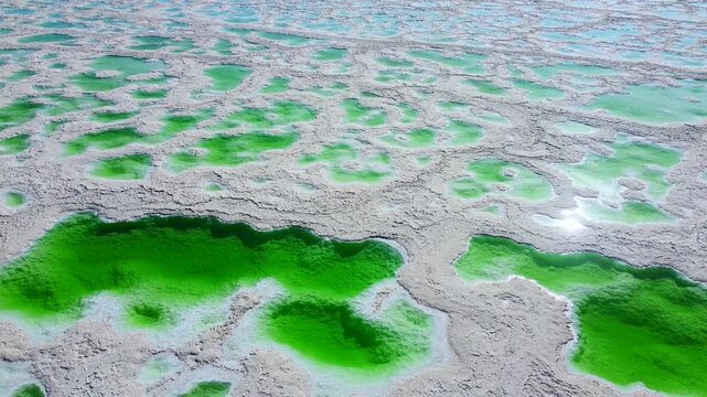 Aerial View of Emerald Salt Lakes in Mangya, Qinghai Province, China - Stunning Natural Mineral Pools and Geological Formations