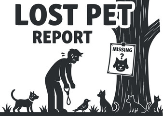 A sad person holding a leash next to a tree with a lost pet report sign in black and white vector style, ideal for community awareness campaigns