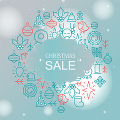 Festive Christmas Sale Banner with Minimalist Holiday Line Art Icons