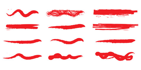 Red line brush stroke with pencil underline and crayon textures for graphic design - wavy marks, straight elements and zigzag patterns. Hand drawn highlights with rough edges for text decoration. 
