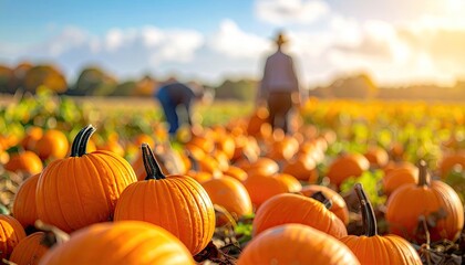 Vibrant orange pumpkins grow in a sunlit field during autumn harvest with distant figures gathering produce under a warm golden sky and trees in the background showing fall colors
