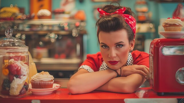 Vintage Diner Waitress With Cupcake and Toaster - Powered by Adobe