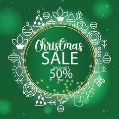 Festive Christmas Sale Promotion with Holiday Icons and 50 Off Discounts