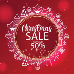 Christmas Sale 50 Off Promotion with Festive Line Art Icons