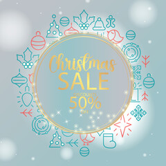 Festive Christmas Sale Promotion with Line Art Icons and Golden Text
