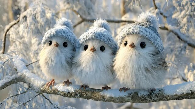Winter Whimsy: Cozy Birds in Snowy Hats, ai generated.	
