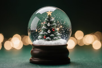 Beautiful crystal globe enclosing miniature Christmas tree, sparkling with tiny lights and golden star. Snow collects its base, creating magical winter holiday scene. festive decoration captures