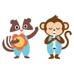 Cartoon badger and monkey playing music isolated on transparent background