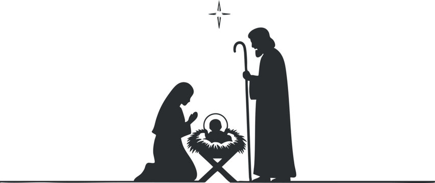A Nativity scene featuring Mary and Joseph in silhouette style, surrounded by a manger with baby Jesus, ideal for Christmas designs