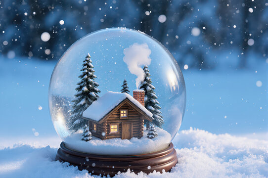 Charming snow globe encapsulates cozy winter scene. An illuminated cabin with smoking chimney stands among evergreen trees, surrounded by snow. Falling snowflakes outside create magical - Powered by Adobe