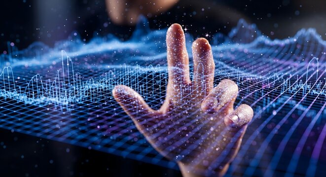 Human hand interacting with an abstract digital interface displaying a glowing waveform and grid of big data, symbolizing futuristic technology and analysis