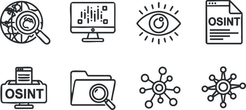 A collection of OSINT (Open Source Intelligence) icons featuring a globe, computer screen, document, and network elements in minimalist vector style, suitable for technology and research projects