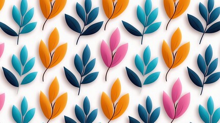 A repeating pattern of colorful leaves in shades of orange, blue, and pink against a white background.