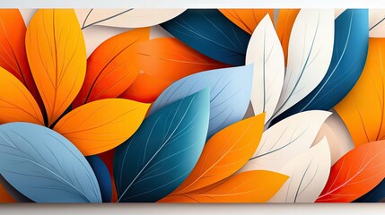 An abstract composition of colorful leaves in shades of orange, blue, and white, creating a vibrant and dynamic design.