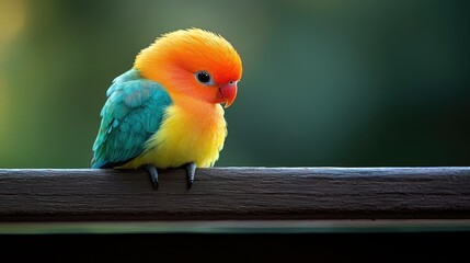A vibrant lovebird with orange, yellow, and teal plumage is perched on a wooden rail, looking down. The background is a soft green, creating a peaceful scene.