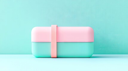 A colorful lunchbox with a strap is centered on a blue background. The lunchbox is pink and teal, and the strap is pink. The background is a solid blue color. S