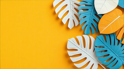 A top-down view of colorful monstera leaves in white, blue, and orange, arranged on a vibrant yellow background. The leaves are stylized and create a modern, tr