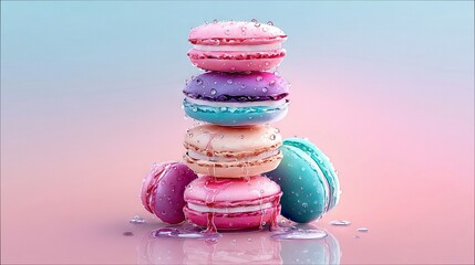 A stack of colorful macarons with water droplets against a soft pink and blue gradient background. The image is a close-up, highlighting the details and texture