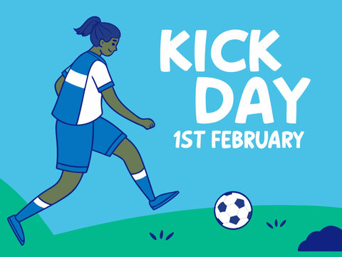 Kick Day Celebration on 1st February with a Woman Kicking a Soccer Ball on a Green Field - Powered by Adobe