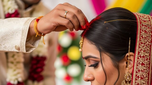 Stunning Indian wedding ritual with groom applying sindoor to bride's forehead in vibrant ceremony filled with joy and tradition