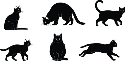 Black Cat Silhouettes in Varied Poses, Sitting, Walking, Leaping, Minimalist Design, Halloween Theme, Feline Motion, Whiskers, Tail, Expressive Posture