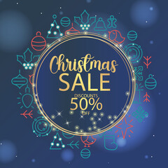 Festive Christmas Sale Promotion with Golden Frame and Holiday Icons
