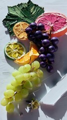 A vibrant still life of painted fruits, including grapes, citrus slices, and a grapefruit, arranged on a white surface, illuminated by bright sunlight.
