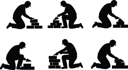 Bricklaying Silhouette Sequence with Kneeling Worker and Wall Construction Steps, Black Figures in Action Poses, Masonry Process Illustration, Construction Theme