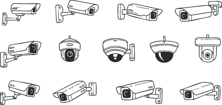 A set of various security cameras including dome and bullet styles in black and white outline vector style, ideal for technology and security designs