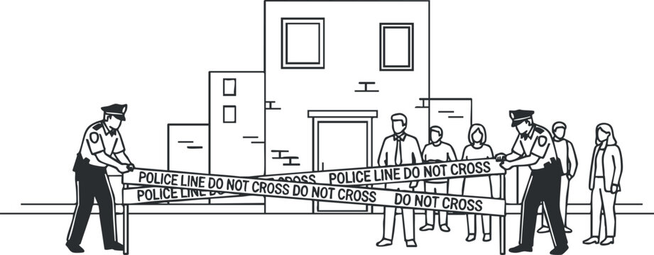 A police scene with officers placing a 'do not cross' tape in black and white minimalist vector style, suitable for crime investigation themes