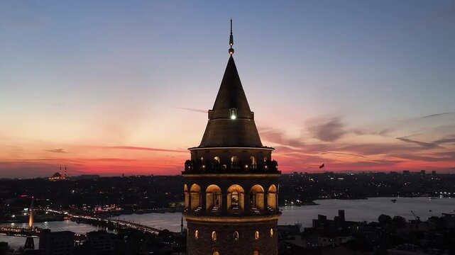 Galata Tower in the Sunset Drone Video, Istanbul Silhouettes Background, Galata Beyoglu, Istanbul, T&uuml;rkiye (Turkey)