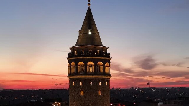 Galata Tower in the Sunset Drone Video, Istanbul Silhouettes Background, Galata Beyoglu, Istanbul, T&uuml;rkiye (Turkey)