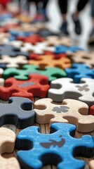 Close-up of colorful puzzle pieces arranged on a wooden surface, with blurred figures in the background.