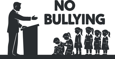 An illustration of a speaker addressing a group of children with a bold 'No Bullying' message in black and white vector style, ideal for educational campaigns and anti-bullying initiatives