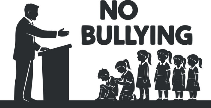 An illustration of a speaker addressing a group of children with a bold 'No Bullying' message in black and white vector style, ideal for educational campaigns and anti-bullying initiatives