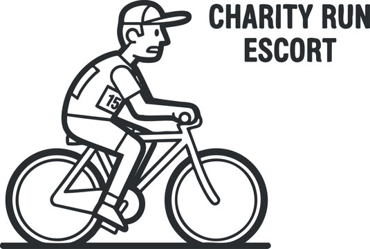 A cyclist acting as a charity run escort in black and white minimalist vector style, suitable for event promotion and awareness campaigns